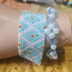 Seed Bead Weaved Braclet & Handmade crafted with Fsux Blue Pearls And Seed Beads